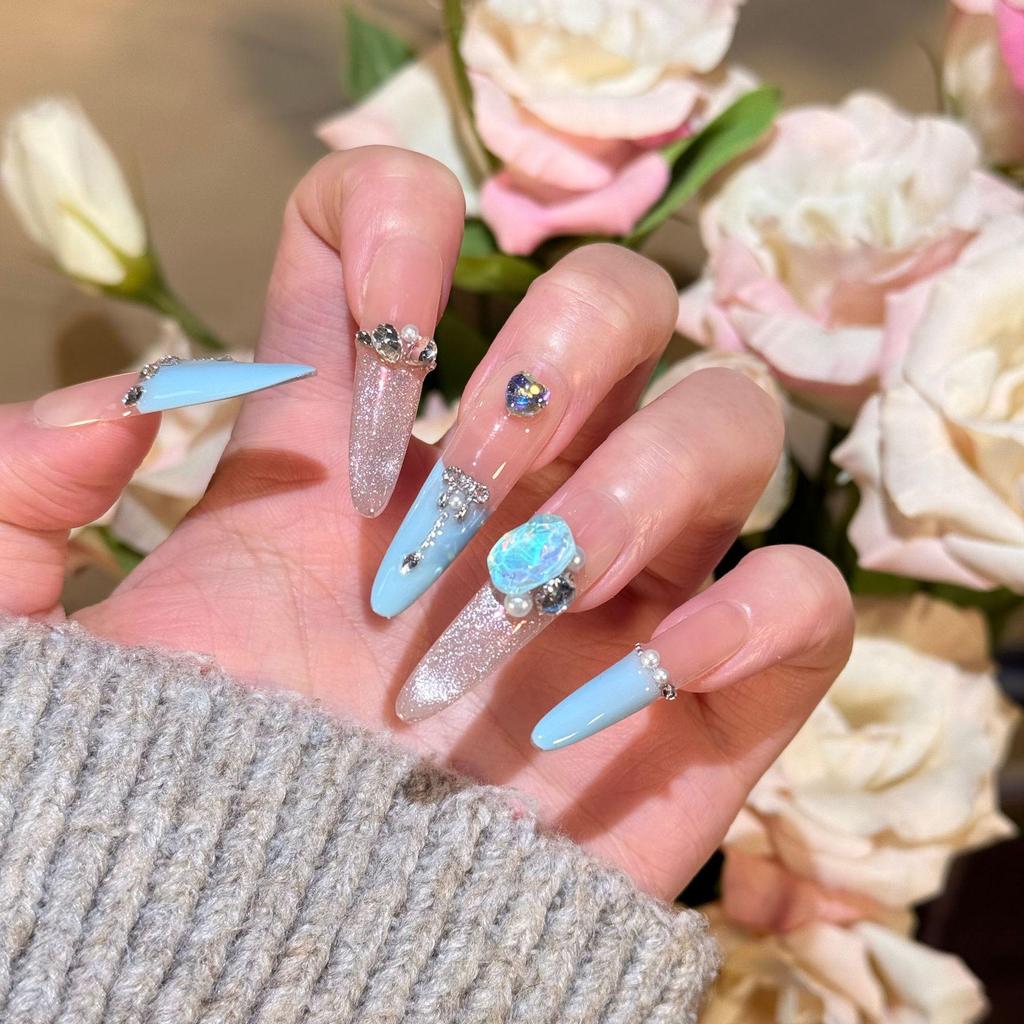 High-End Blue French Color Block Aurora Cat Eye Candy Blue Diamond Handmade Press-On Nails