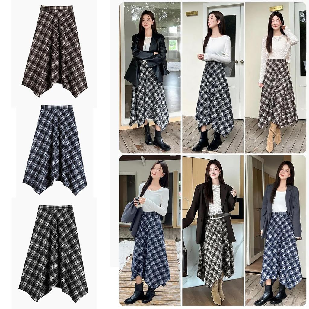 Kryoza Check Long Skirt with High Elastic Women's Skirt, A-Line Pattern, Waist, Stylish, Waist, Fall/Winter (BGZ01-Navy-S)