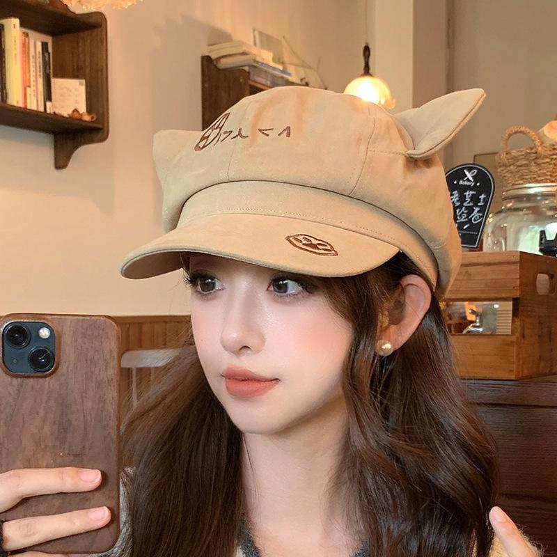 Korean Retro Cat Ear Octagonal Beret For Women Autumn And Winter Brushed And Warm