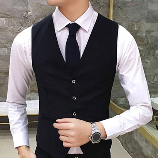 Men Vest Solid Color Single-breasted V Neck Formal Autumn Waistcoat for Wedding