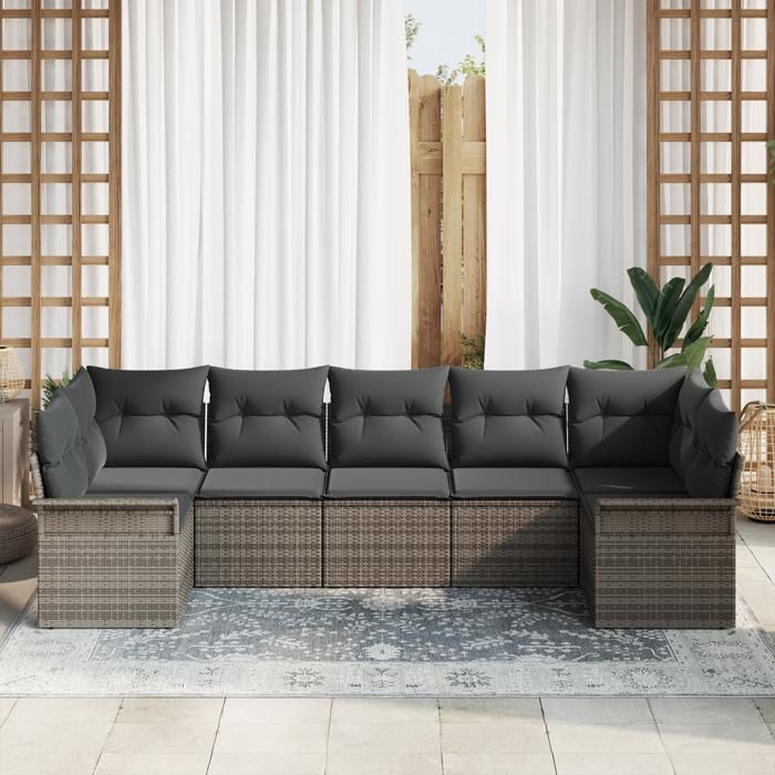 VidaXL Ensemble de Canapé de Jardin 7 pièces avec Coussins Gris Poly Rattan 3345509