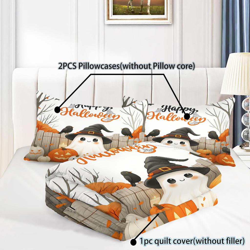 3pcs Halloween Cartoon Ghost Printed Duvet Covers, 1 Down Duvet Cover+2 Pillowcases, Coreless. Soft and Comfortable Bedding Set