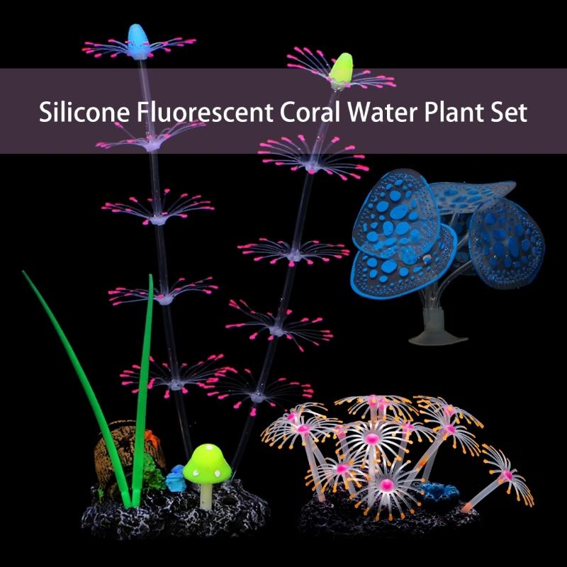 Set aus 4 fluoreszierenden Korallenmoos-Aquariendekorationen in leuchtenden Farben mit lebensechten Details, sicheren und farbintensiven Landschaften