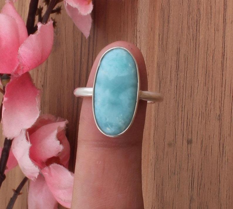 Solid 925 Sterling Silver Natural larimar Gemstone Long Oval Gemstone handmade Ring Designer Ring