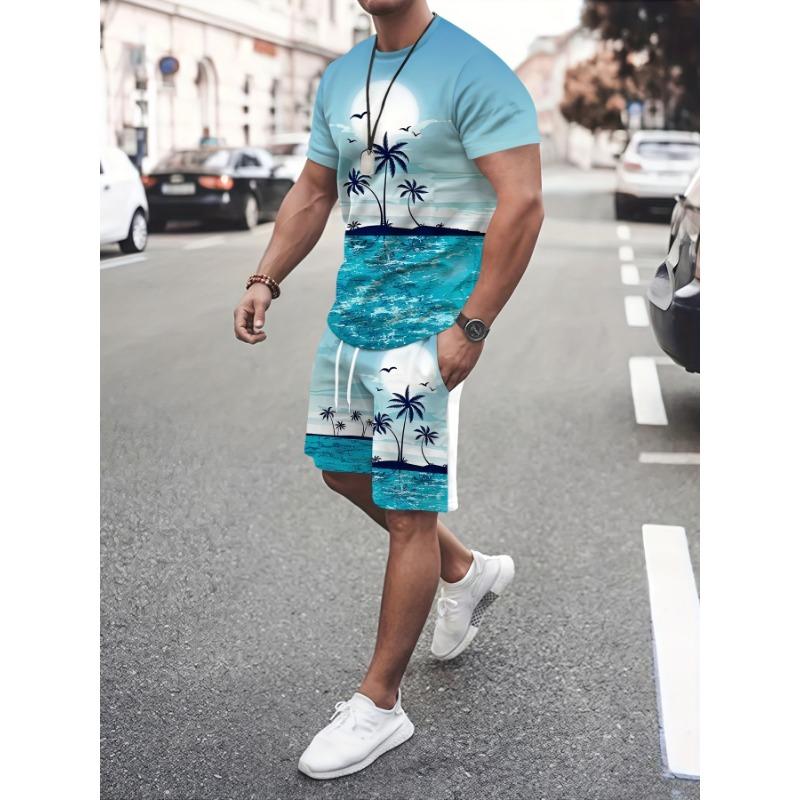 Hawaiian Style Coconut Tree 3D Digital Printing Full Body Print Men'S T-Shirt + Beach Pants Shorts Couple Set