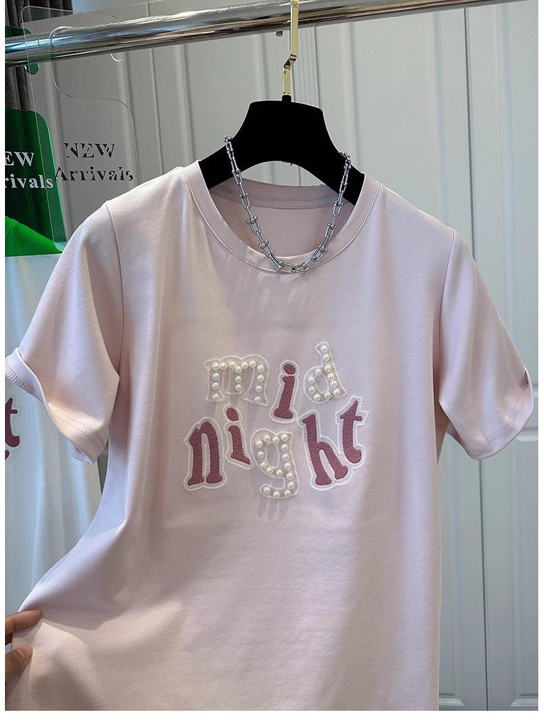 220g Trendy Brand Cotton Extra Large Beaded Embroidered Round Neck Loose Short Sleeve T-Shirt