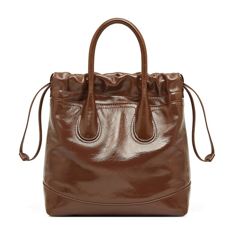 Song Niche First Layer Cowhide Retro Drawstring Handbag Shoulder Crossbody Bucket Bag Pleated Bag Genuine Leather Women's Bag
