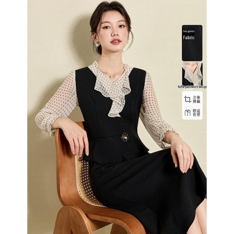 Mei Lan Ni Faux Two-piece Polka Dot Chiffon Patchwork Dress 2XL