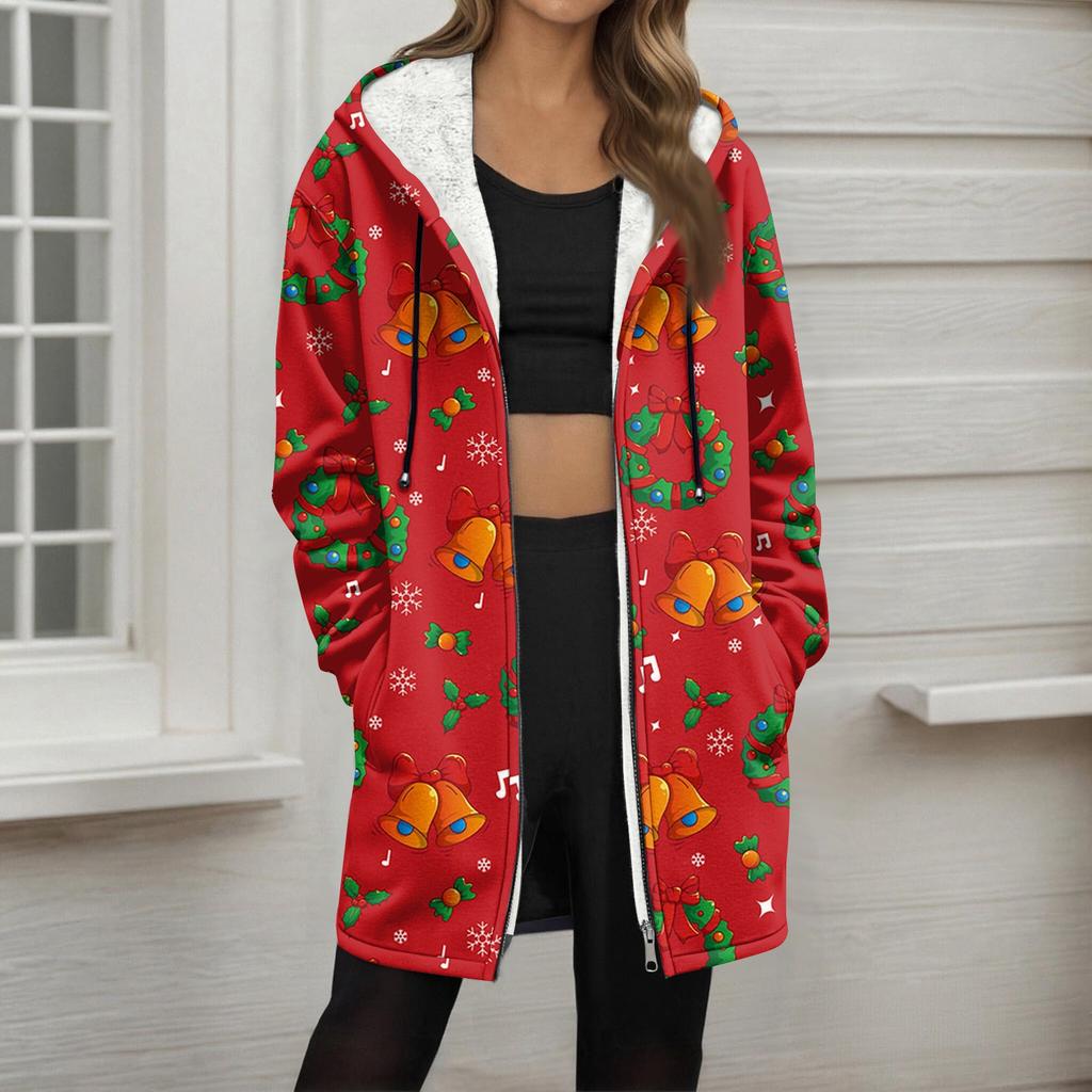 Women's Christmas Printed Fashionable Loose Zipper Fleece Hoodie Jacket