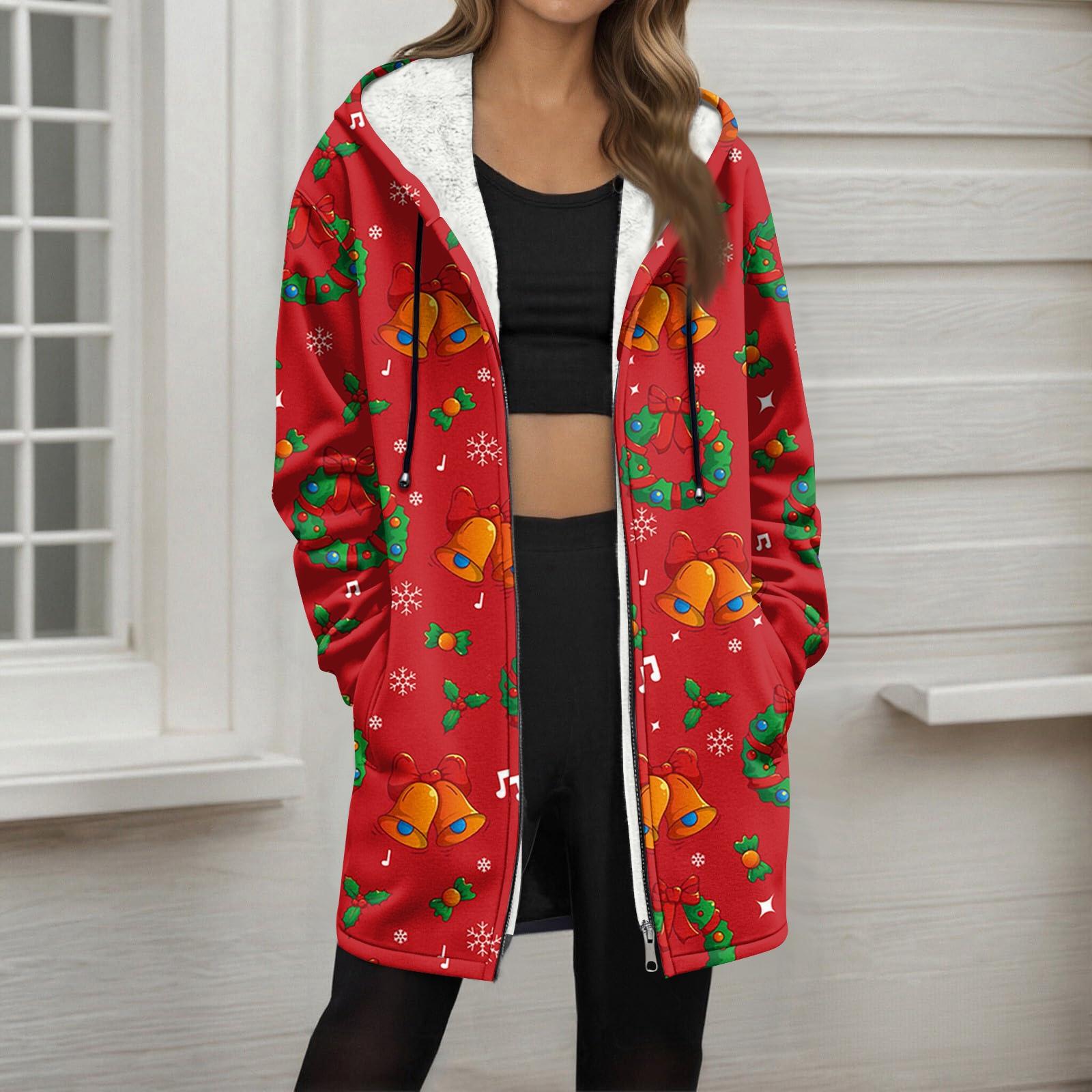 

Женская модная флисовая куртка-худи на молнии свободного кроя с рождественским принтом S винный