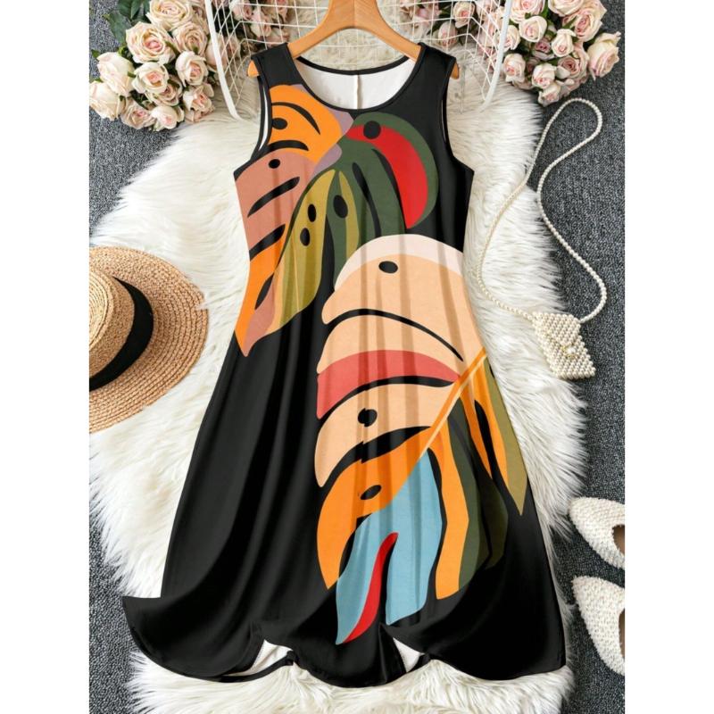 Women's Summer Sleeveless Mid Dress Crew Neck Sleeveless Printed Beach Dress