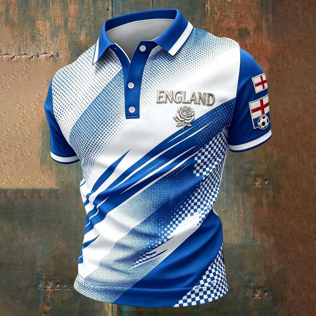Camiseta Polo Clásica para Hombre con Estampado de Fútbol de Inglaterra Manga Corta Cuello de Botón Corte Casual Ropa de Fútbol para Aficionados