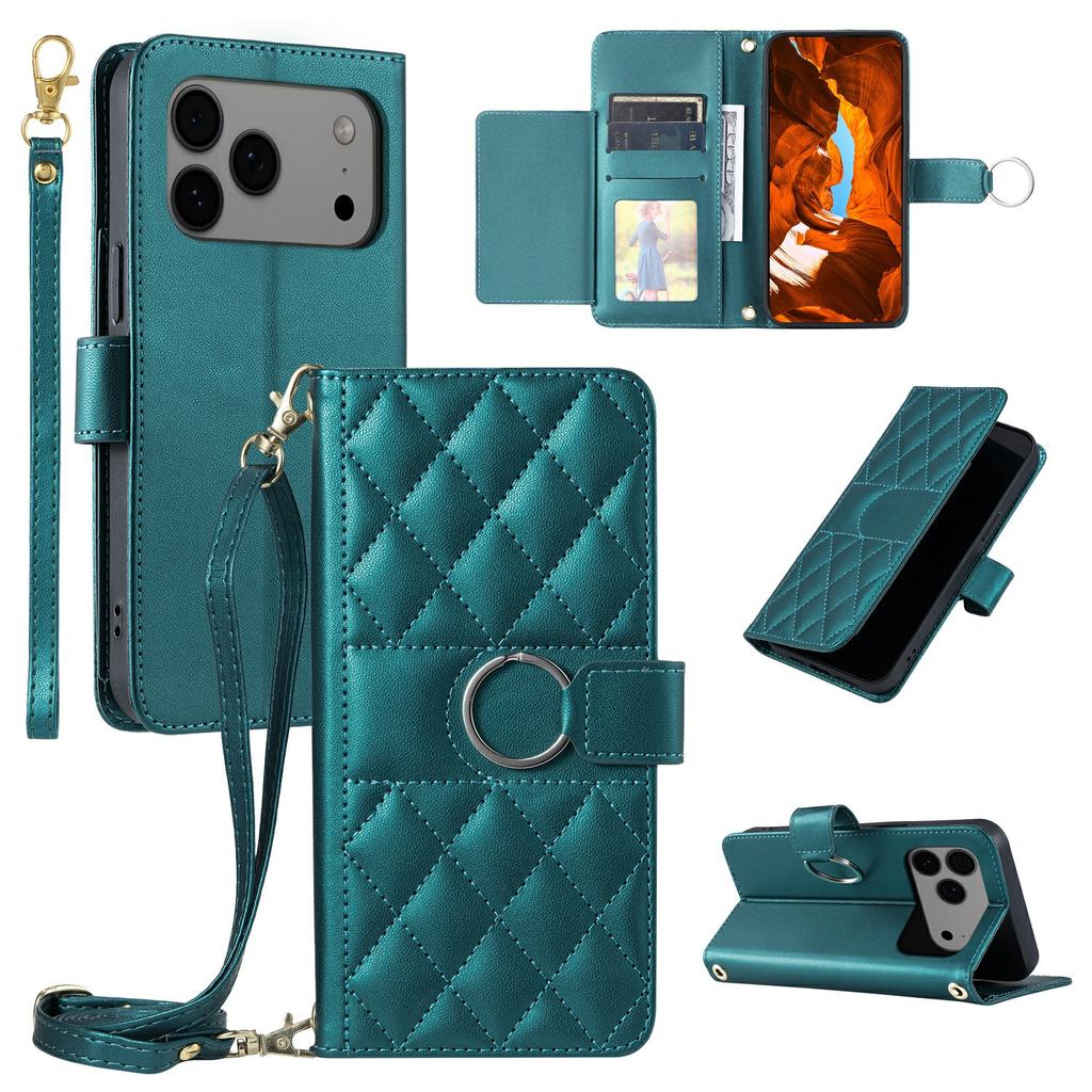For iPhone 17 Pro Case Ring Buckle Wallet Stand Rhombus Crossbody Leather Mobile Cover