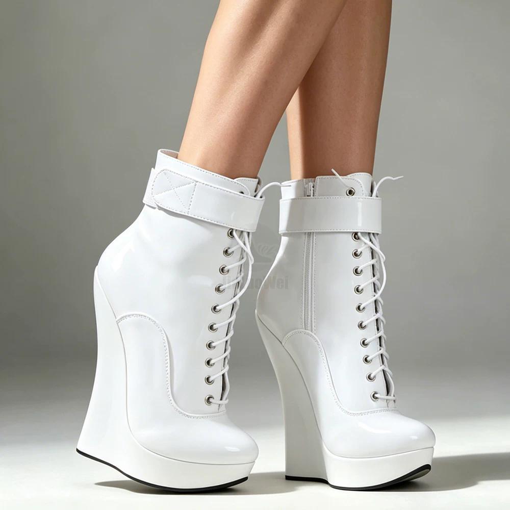 Women Sexy Fetish Super High 18cm Super Wedge Heel Pointed Toe Zipper Cross-tied Ankle BALLET Boots Plus Size