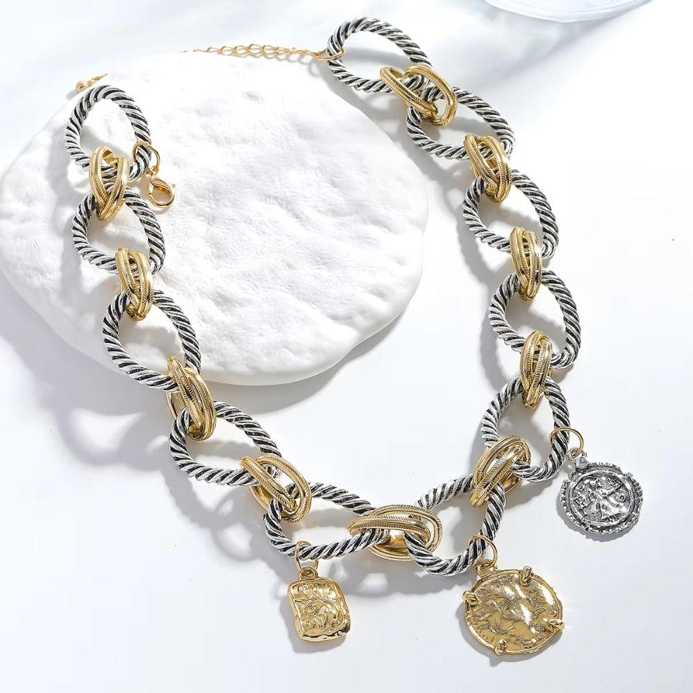 Double Color Geometric Pendant Fashion Neck Jewelry Charm Cuban Chain Necklaces  Holiday