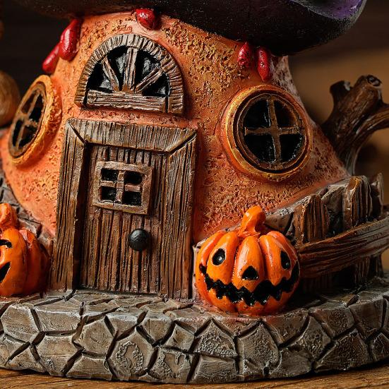 Halloweenská socha čarodějnického domu s LED světlem Magický dům Pryskyřičná figurka Socha Ozdoba pro domácí kancelář Stolní dekorace