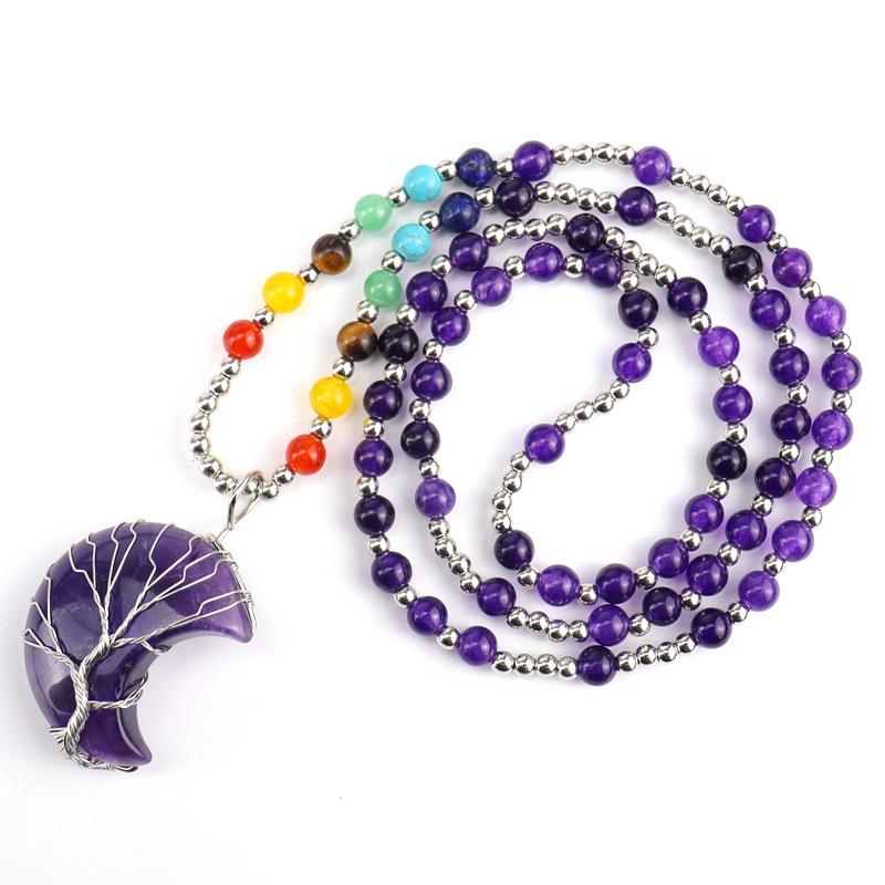 New Gold Plated Copper Wire-wrapped Moon Natural Stone Lucky Tree Necklace Colorful Bead Sweater Chain N563
