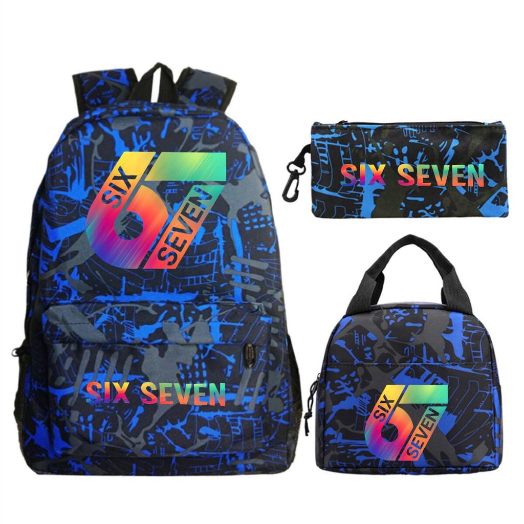 Sechs Sieben 67 Bedruckter Kinderrucksack Brottasche Federmäppchen Schultasche für Schüler Dreiteiliges Set
