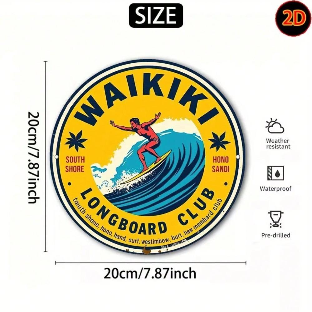 Vintage Waikiki Longboard Club Metal Sign Round Surf Wall Art Iron Beach Home Decor