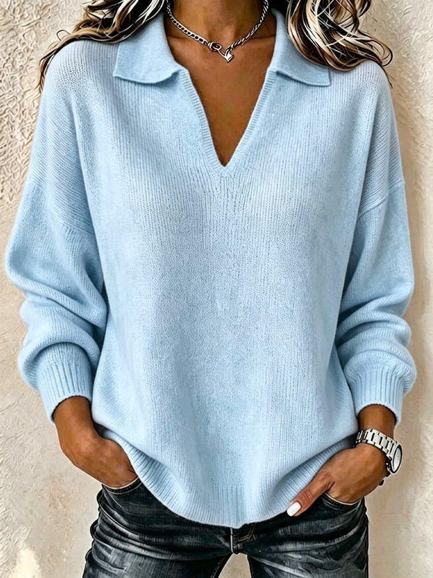 2026 European & American Cross-Border Fashion: Solid Color V-neck Long Sleeve Sweater for Women - Autumn/Winter Versatile Casual Wear