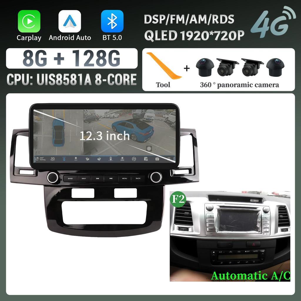 12.3″Car Radio Multimedia 4G GPS For Toyota Hilux 2005-2014 Android 14 Navigation Wireless Carplay Bluetooth Touch Screen