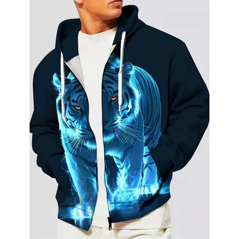 Herren Kapuzenpullover mit Reißverschluss und Tiger-Grafik, Langarm, Lässiger Outdoor-Mode-Mantel mit Kordelzug und Taschen, Reißverschluss-Kapuzenpullover für den Mann