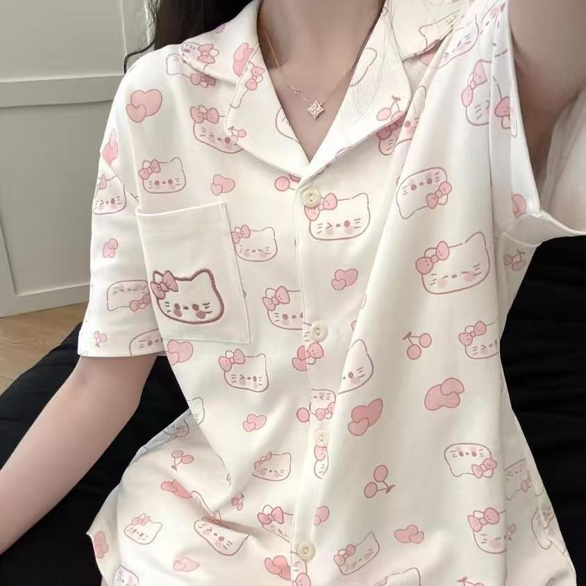 

Girl sweet and cute Kitty cat pajamas women s summer new short-sleeved shorts casual loose homewear set s [recommended weight 35-40kg]