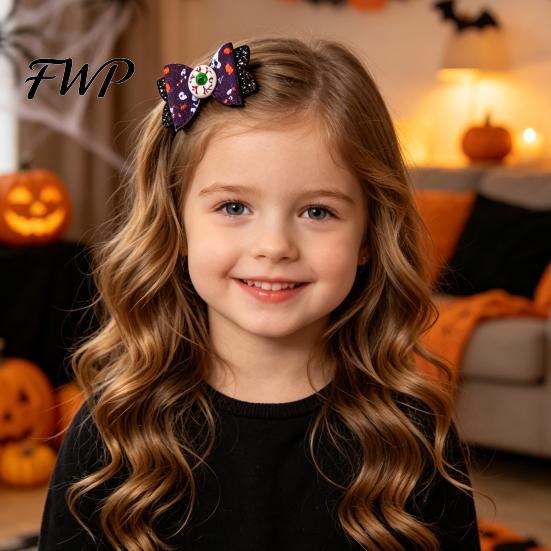 Colorful Halloween Hair Bows Glitter Bow Clips for Kids Baby Girls, Double Layer Party Dress Up Supplies Ghost/Pumpkin/Eyeball Bowtie Pins Decorations