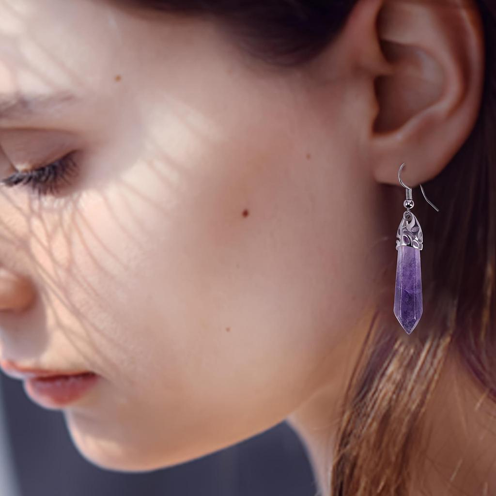 Amethyst Hexagonal Pillar Crystal Pendant Earrings - European & American Fashion