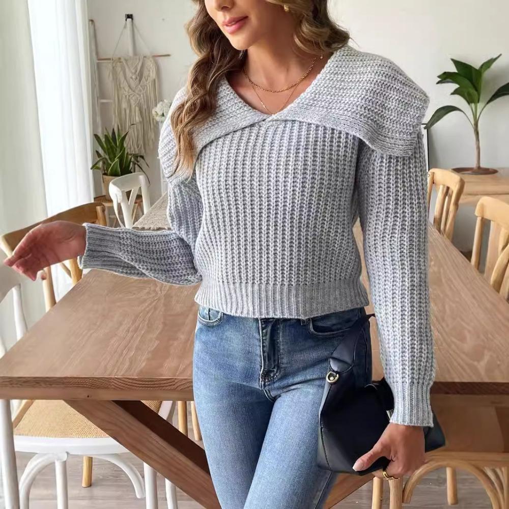 Women’s Cropped Top: New Autumn/Winter Knit Jumper with Large Lapel, Pull-Over Style