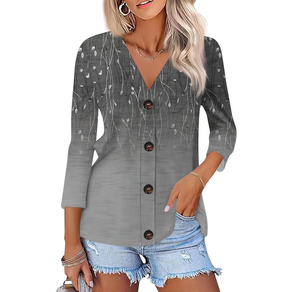 Women's Fashion Casual  Print Button-Down Shirt Three-quarter Sleeve Cardigan Top