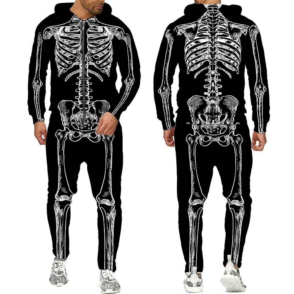 Halloweeen Cosplay Scheletro Splanchna 3D All Over Print Tute con cerniera Felpa con cappuccio da uomo Pantaloni 2 pezzi Set Abiti streetwear