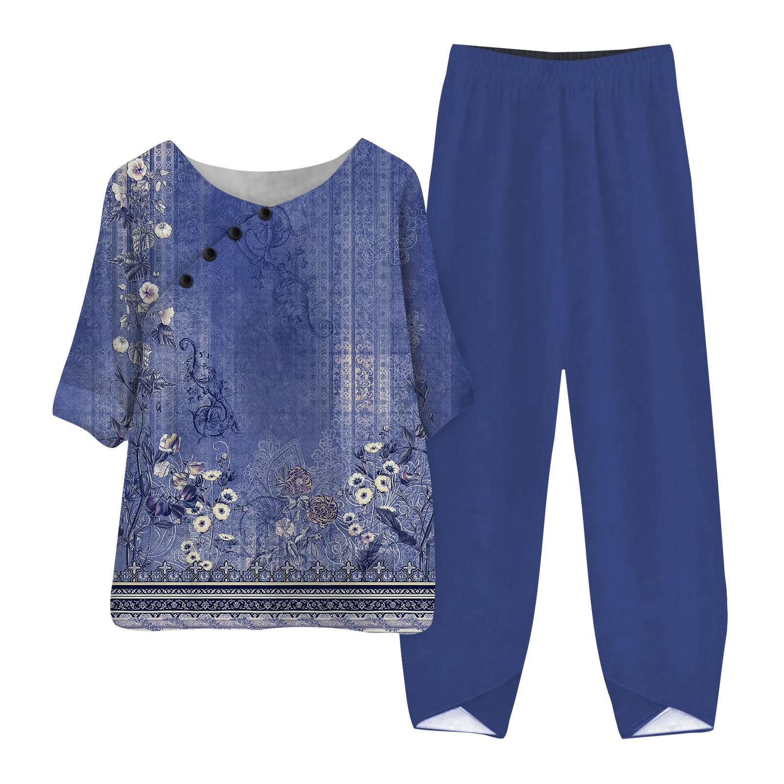 

Женские летние топы с короткими рукавами и принтом, эластичная талия, брюки из девяти предметов, комплект из двух предметов XXXL