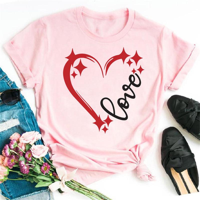 Classic Summer Crewneck T-shirt for Women - Short Sleeve Top with Romantic Love Heart Design