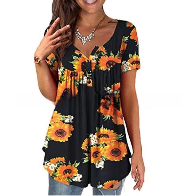 Women Casual Floral Print Short Sleeve Henry Shirt Summer 2026