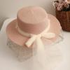 Beach Straw Hat Flat Top Wide Brim Sun Protection Hat with Tulle Bow Imitation Pearls Decor Hand-Woven Breathable Summer Hat