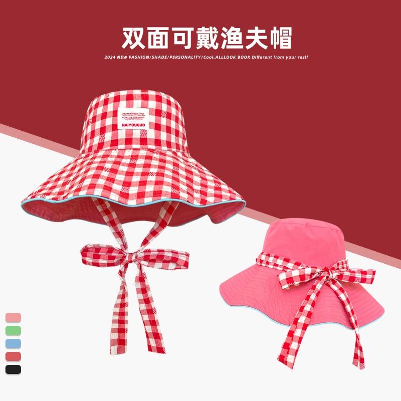 Plaid wide edge strap bucket hat women's summer big brim showing face small sun hat sun protection hat basin hat