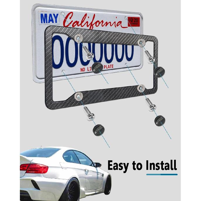 Carbon Fiber License Plate Frames- 2 Pack Black Aluminum Front & Rear Auto Car Tag Holder, Heavy Duty Bracket With Mount Hardware, Screws Caps,