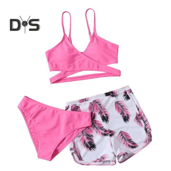 3dílná sada plavek s ramínky, podprsenkou s výstřihem do V a středním pasem, sada plavek, jednobarevné bikiny s kraťasy s potiskem peří