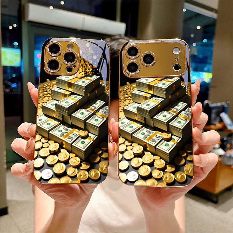 Money Stacks Art Electroplated Golden Phone Case For iPhone 17Air 17 16 15 14 13 12 11 Pro Max Plus 16E XR 7 8 Xs X Glass Cover