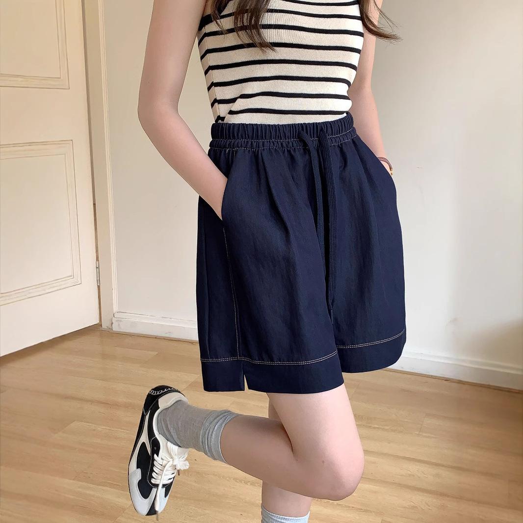 Women s Elastic Drawstring Waist Denim Shorts Loose Wide Leg Bermuda Shorts Japanese Korean Casual Summer Thin Stretch Shorts M