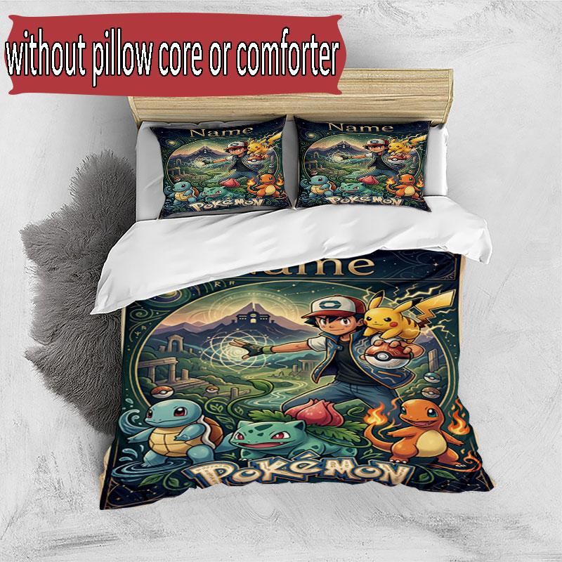 3-teiliges Bettbezug-Set (1 * Bettbezug + 2 * Kissenbezug, ohne Kern), Benutzerdefinierter Name Pokemon Muster Bettwäsche Set, Heim Schlafzimmer Dekor Geschenk