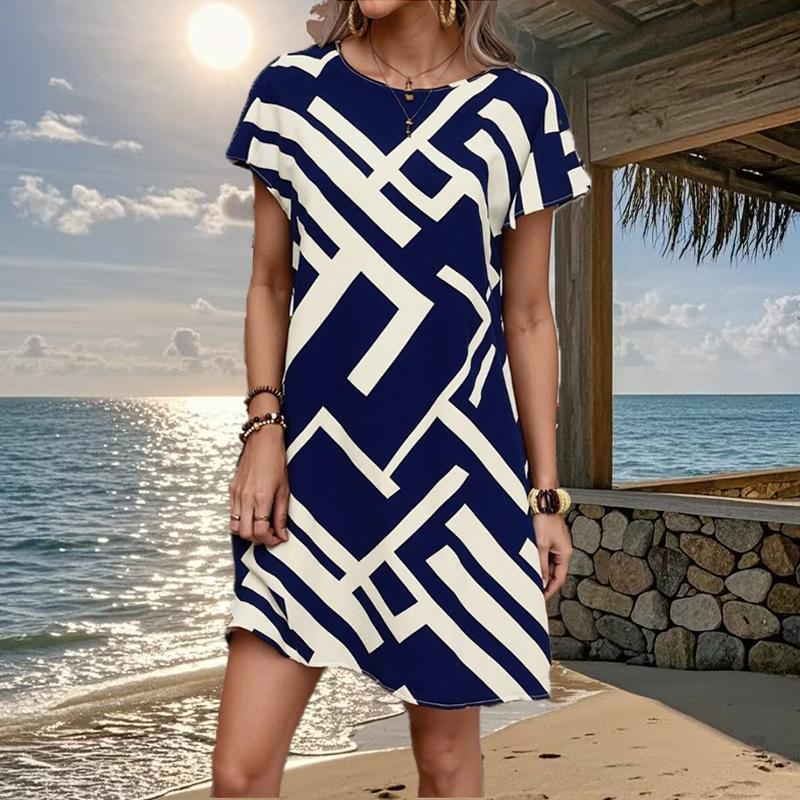 

Женская мода Изящный Ретро Принт Летнее Весеннее Платье с Коротким Рукавом и Круглым Вырезом Повседневные Платья L темно-синий