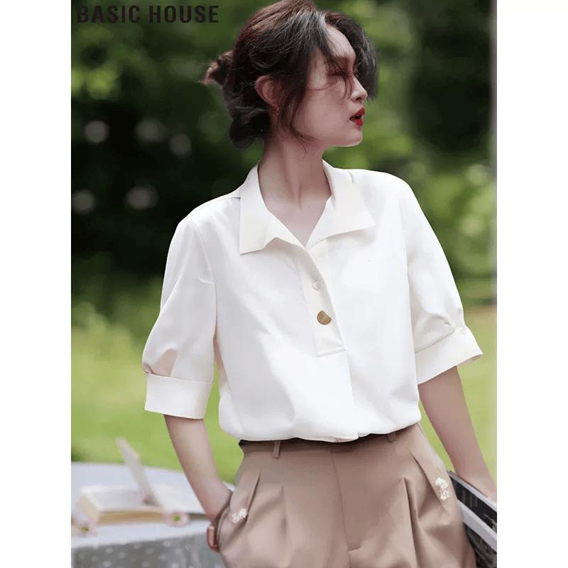 Basic House Women s White Short-Sleeved Blouse M