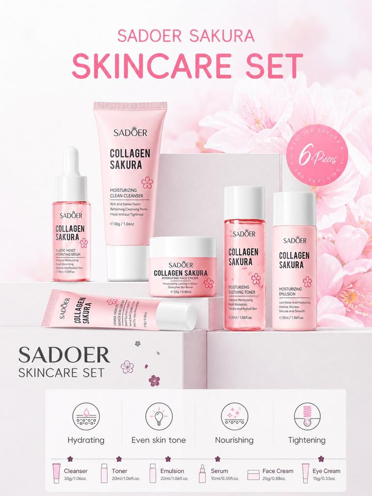 6pcs Cherry Blossom Collagen Skincare Set, Moisturizing Nourishing Facial Care Kit, Includes Cleanse