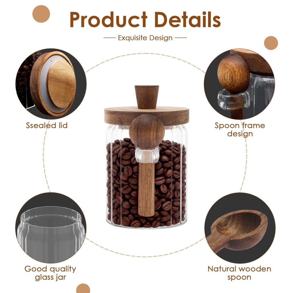 Airtight Glass Jars with Wooden Lid and Spoon Transparent Multipurpose Moisture-proof Coffee Food Storage Jar for Spices Beans