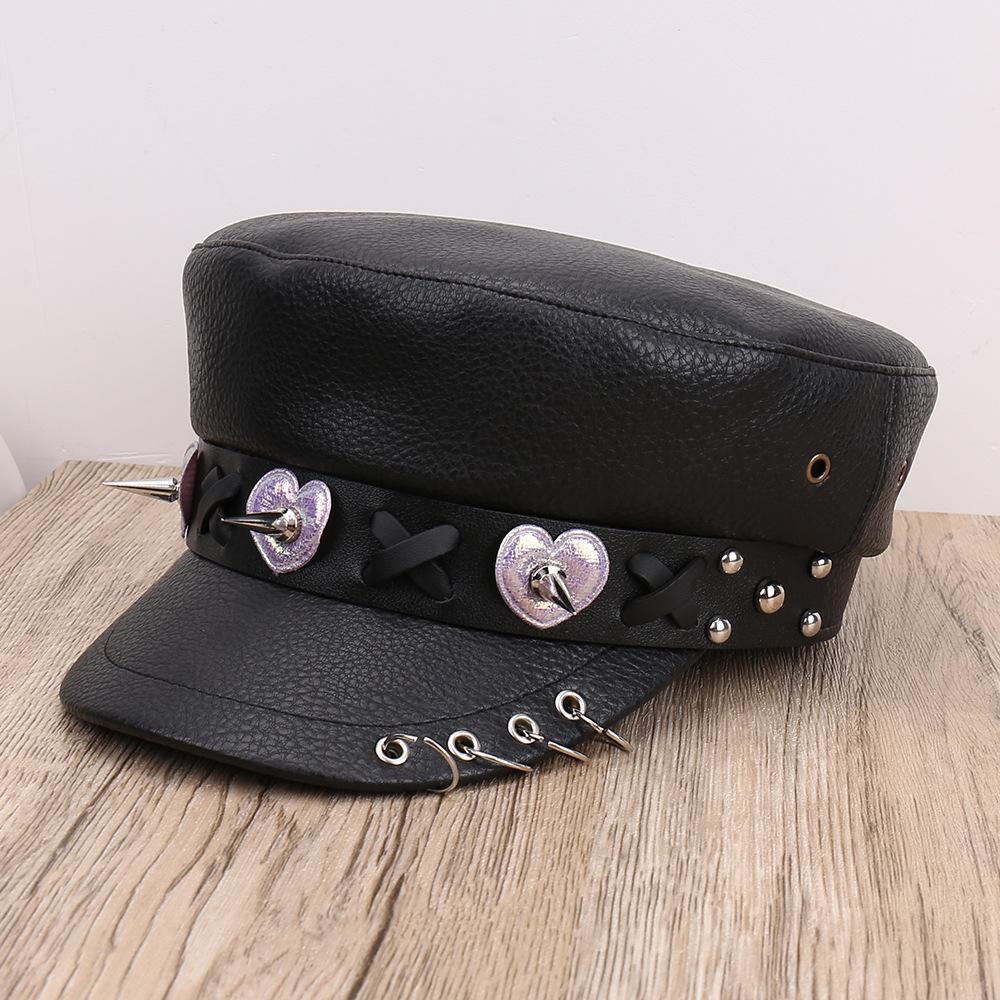 Punk Stil Flache Kappe Herren und Damen Persönlichkeit Leder Lange Nieten Leopardenmuster Silberne Kappe