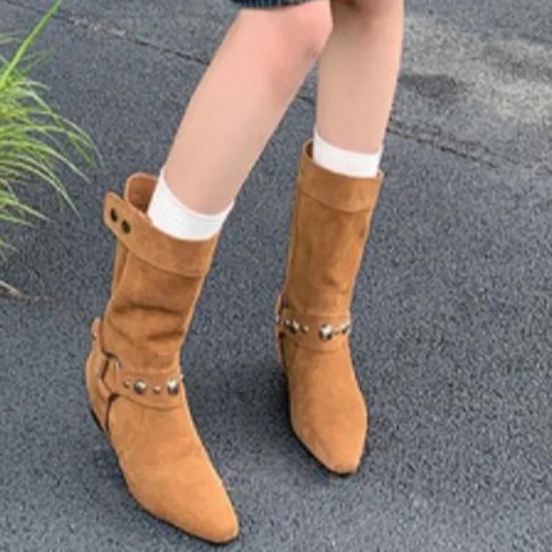 2024 Suede Women's Ankle Boots Low Heel Rivets Women's Shoes Winter New Women's Fashion Show Classic Ankle Boots Botas Mujer