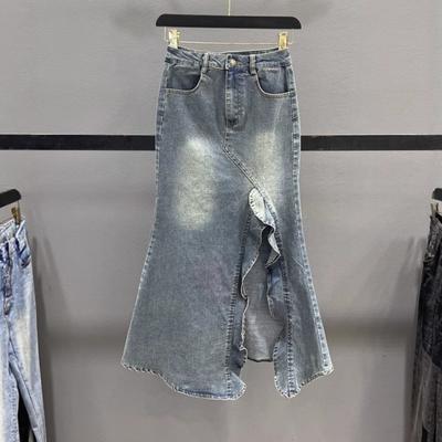 Falda midi de sirena vaquera asimétrica de cintura alta vintage para mujer, falda midi de sirena ajustada de verano