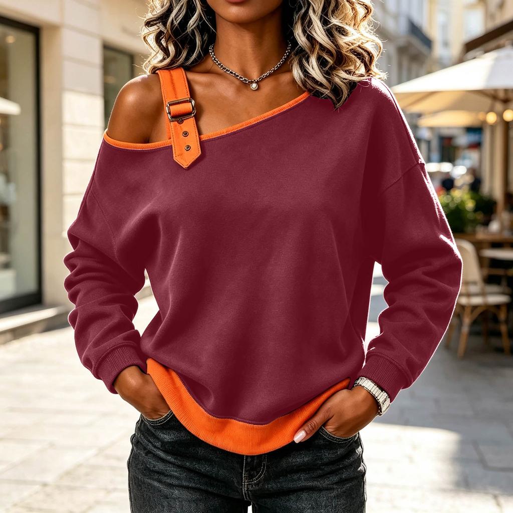 Women's Casual One-Shoulder Top Vintage Color Block Versatile Blouse for Everyday Wear